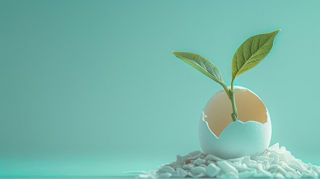 broken real egg on blue background, a grain of a plant sprouts inside, in the style of light cyan and light beige