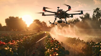 a camera mounted on a drone captures aerial footage of the drone flying over farmland, spraying pesticides while multiple sprinklers irrigate the fields below. - obrazy, fototapety, plakaty