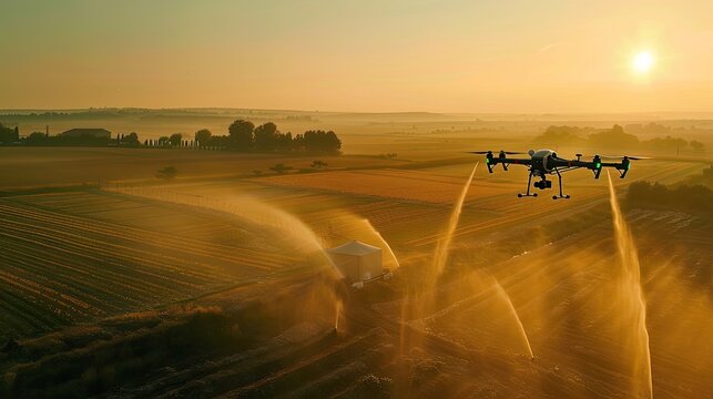 Fototapeta a camera mounted on a drone captures aerial footage of the drone flying over farmland, spraying pesticides while multiple sprinklers irrigate the fields below.