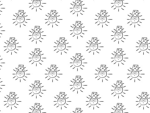 Beautiful cute sun in sunglasses and hat black transparent summer diamond mesh pattern. Textile texture, print, packaging, web