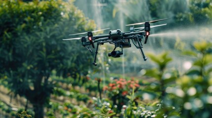 a camera mounted on a drone captures aerial footage of the drone flying over farmland, spraying pesticides while multiple sprinklers irrigate the fields below. - obrazy, fototapety, plakaty
