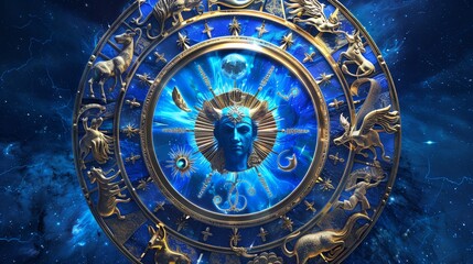 Obraz premium a blue and gold astrological clock surrounded by stars and sparkles on a dark background