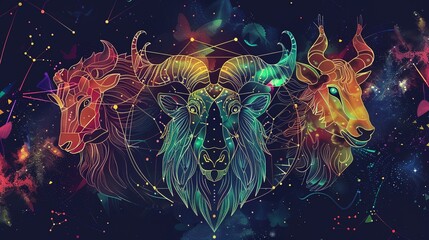 a group of three rams with a star field in the background - obrazy, fototapety, plakaty