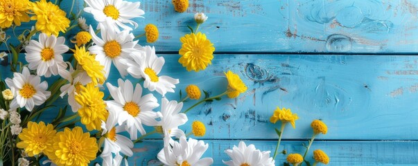 White daisies and yellow chrysanthemums on a blue wooden background with copy space for text, in a top view. Spring or summer floral border frame.