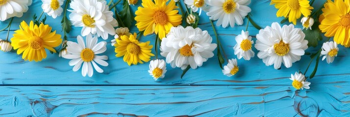 White daisies and yellow chrysanthemums on a blue wooden background with copy space for text, in a top view. Spring or summer floral border frame. - obrazy, fototapety, plakaty