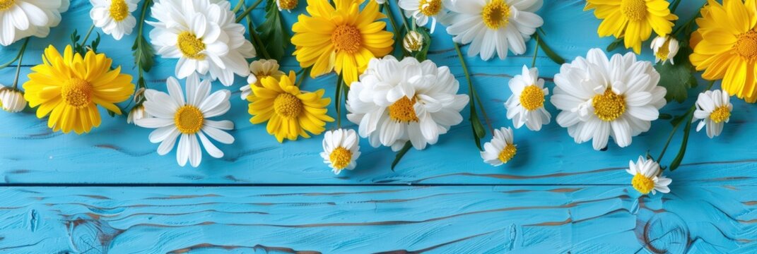 White daisies and yellow chrysanthemums on a blue wooden background with copy space for text, in a top view. Spring or summer floral border frame.