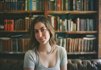 a woman sitting on a couch in front of a book shelf