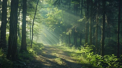 Keuken spatwand met foto a dirt road in the middle of a forest with sunbeams shining through the trees © progressman