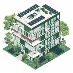 Illustration of a modular and ecofriendly building, highlighting sustainable construction materials and methods no splash