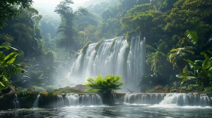Spectacular jungle waterfall in vibrant ultrarealistic style with misty waters and lush greenery