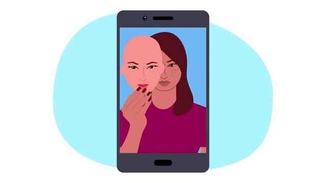 Woman applies a mask to her face using a camera phone, symbolizing the phenomenon of digital dissemblance through beauty filter apps, the influence of technology on self-perception