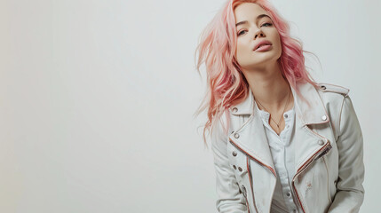 Pretty youthful woman with colorful pink hair wearing a white leather jacket.