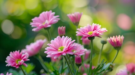 Fototapeta premium a bunch of pink flowers in a garden with blurry background