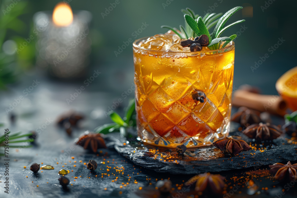 Poster A spice-infused cocktail garnished with aromatic herbs, creating a multisensory experience in mixology. Concept of spiced beverages. Generative Ai.