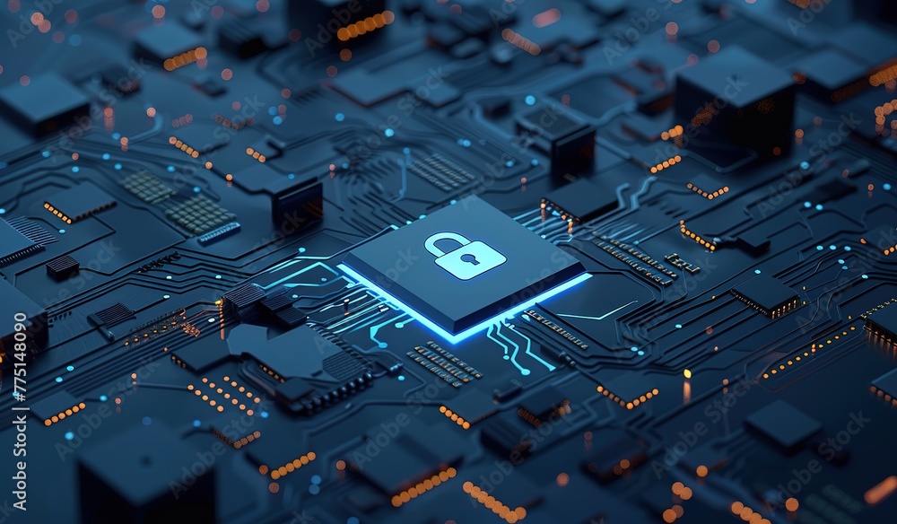 Poster high security chip on a printed circuit board: concept of encryption and data protection