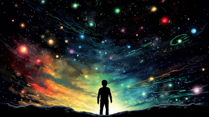 Silhouette man stands before colorful kaleidoscopic sky with stars, planets and cosmic trails.