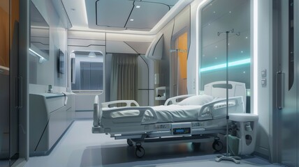 Innovative hospital design integrating technology for better patient care, including smart beds and automated monitoring systems hyper realistic
