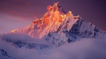 A majestic mountain range at sunrise, covered in pristine snow