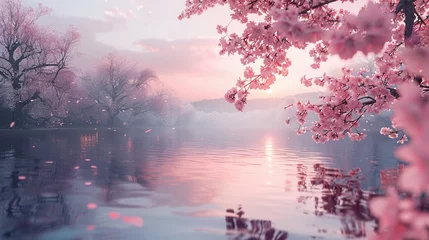 Papier Peint photo Lavende A serene spring scene with cherry blossoms in full bloom, casting a soft pink hue over the landscape The beauty of the blossoms signifies renewal and the fleeting nature of life