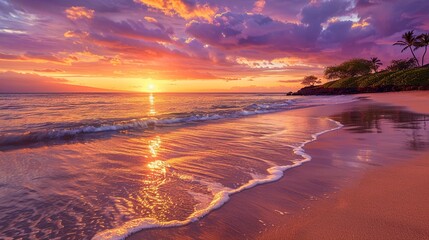 A tranquil tropical beach at sunset, with calm waves gently lapping at the shore The sky is ablaze with hues of orange and purple, reflecting off the waters surface, creating a perfect - obrazy, fototapety, plakaty