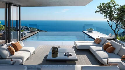 Fototapeta premium A large open living room with a view of the ocean
