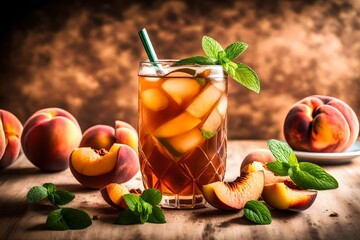A refreshing glass of peach iced tea adorned with a mint leaf, placed on a table with the soft...