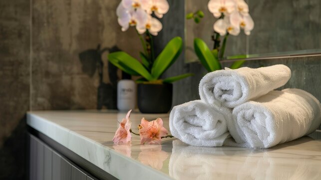 Towels, flowers in massage room in modern spa salon.