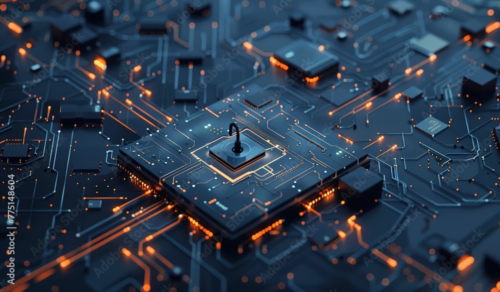 Poster high security chip on a printed circuit board: concept of encryption and data protection