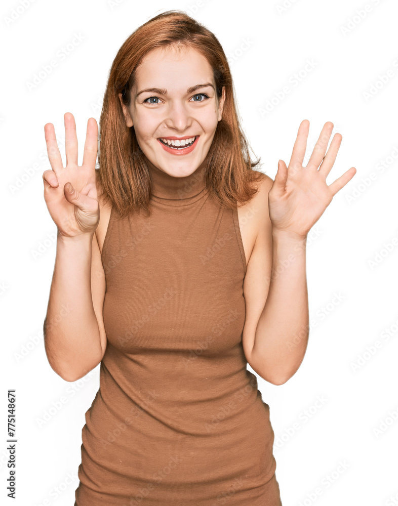 Poster Young caucasian woman wearing casual clothes showing and pointing up with fingers number eight while smiling confident and happy.