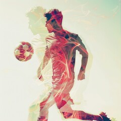 Double exposure of a Soccer player ready to kick the soccerball at the stadium. Generative AI - 775148649