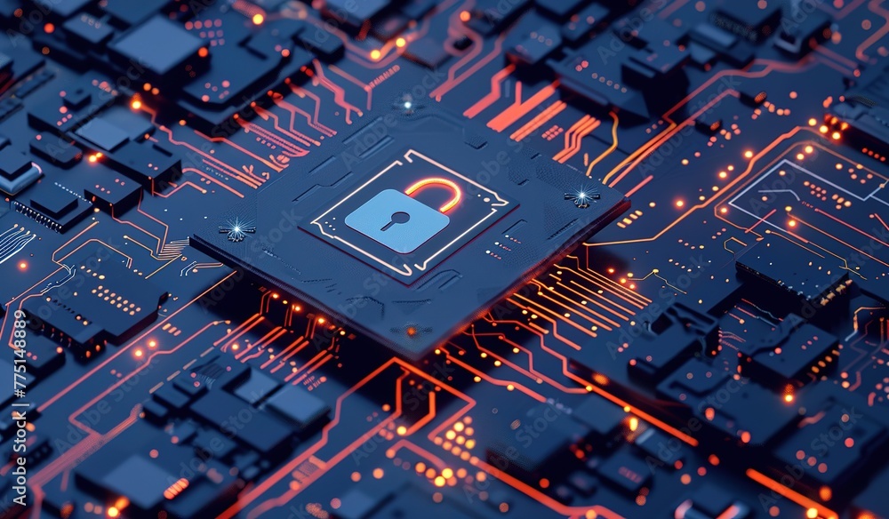 Poster high security chip on a printed circuit board: concept of encryption and data protection