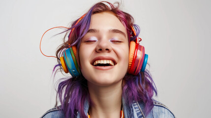 A pretty, smiling, youthful woman with brightly-colored purple hair and colorful headphones in a white leather jacket.