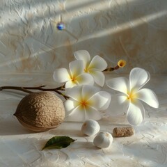 Frangipani flowers on stems, bergamot flower , nutmeg, patchouli.