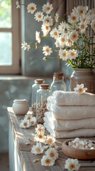Spa products and towels, lotus, skillful lighting, realistic spa elements, minimal, close-up shooting.