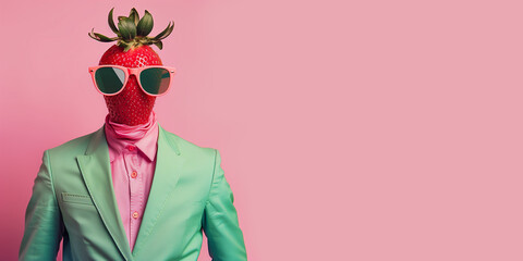 Person with strawberry fruit in place of head. Elegant fruit businessman. Banner with copy space. - obrazy, fototapety, plakaty