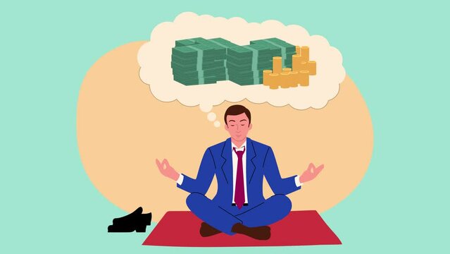 Businessman doing yoga, focusing his mind to channel abundance and wealth. As he achieves inner harmony, money cascades down from his mind bubble, symbolizing the manifestation of financial success