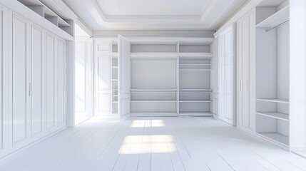 Fototapeta premium newly installed empty wardrobes for clothes in white tones, showcasing their clean lines and spacious interiors awaiting organization.