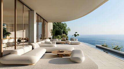 A large open living room with a view of the ocean - 775149476