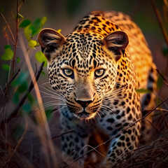 lifestyle photo leopard staring at camera from branch of tree.