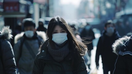a woman wearing a face mask walking down a street - 775149670