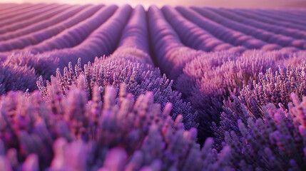 Obraz premium High angle view of a blooming lavender field, calming, natural palette, desktop wallpaper