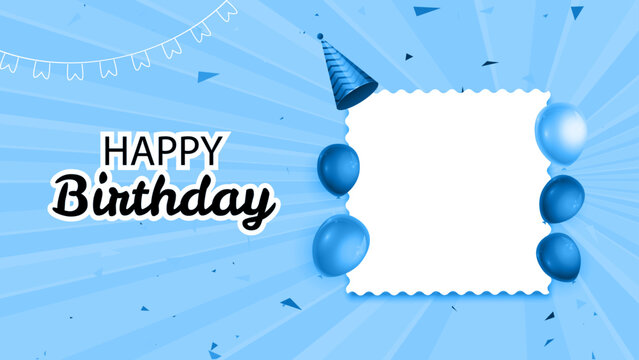Blue happy birthday illustration with 3d realistic air balloon and has space for picture (photo) with abstract background with text and glitter confetti, Happy Birthday text for Social Media banner