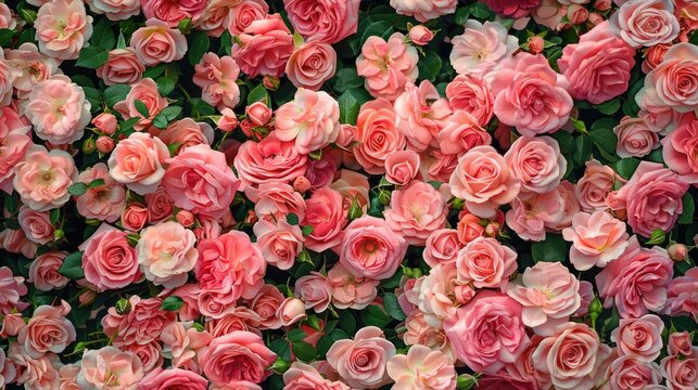 many pink roses arranged flat against a background, perfect for high-angle, top-down, and wide-angle photography capturing their delicate petals and vibrant colors. SEAMLESS PATTERN
