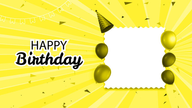 Yellow happy birthday illustration with 3d realistic air balloon and has space for picture (photo) with abstract background with text and glitter confetti, Happy Birthday text for Social Media banner