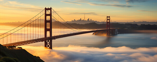 Like Golden Gate Bridge and Bay area in California, mist underneath bridge.banner - obrazy, fototapety, plakaty