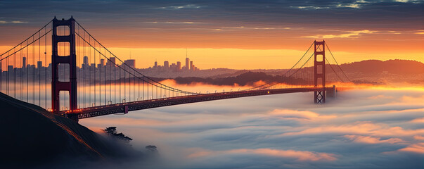 Like Golden Gate Bridge and Bay area in California, mist underneath bridge.banner - obrazy, fototapety, plakaty