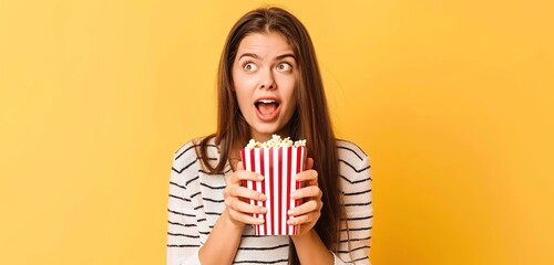 Enjoying popcorn: movie night snack on bright yellow background