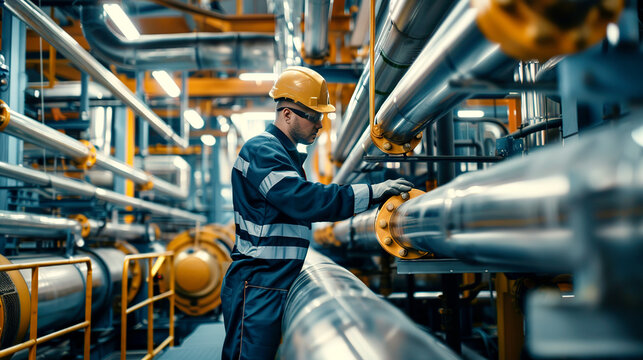 A worker in overalls inspects pipes for serviceability. A worker repairs a pipeline.
