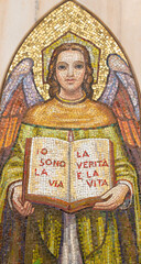 MILAN, ITALY - MARCH 5, 2024: The mosaic of angel with the book and inscription in the church Chiesa di San Camillo from 20. cent. - 775151247