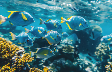 Blue and yellow fish school underwater in the ocean reef